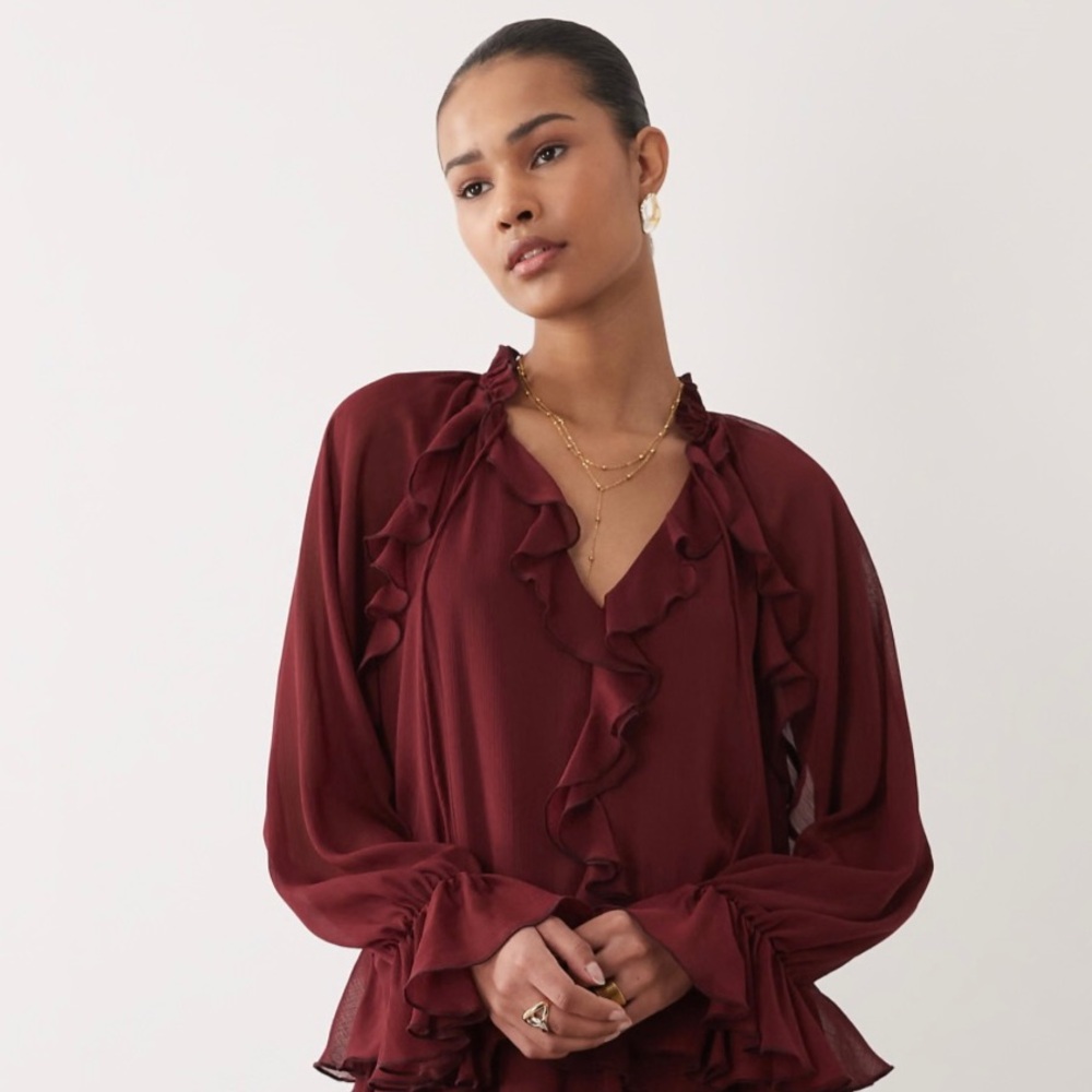 New MELLODAY Sheer Burgundy Ruffle Detail Blouse with Under camisole. Size S